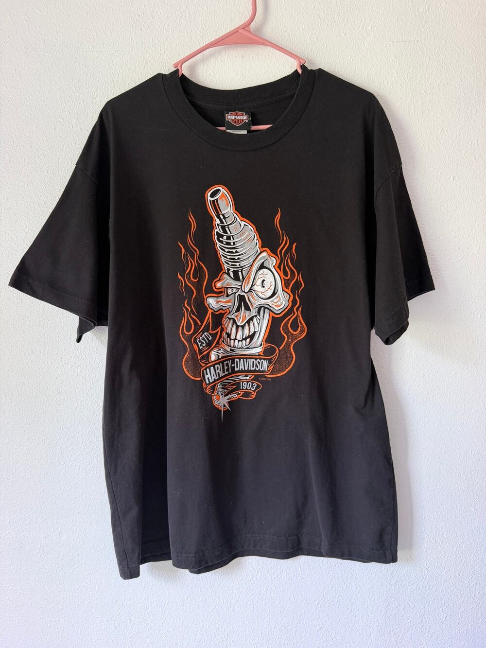 Harley Davidson Black Des Moines IA Flaming Skull Graphic Print T-Shirt Mens XL